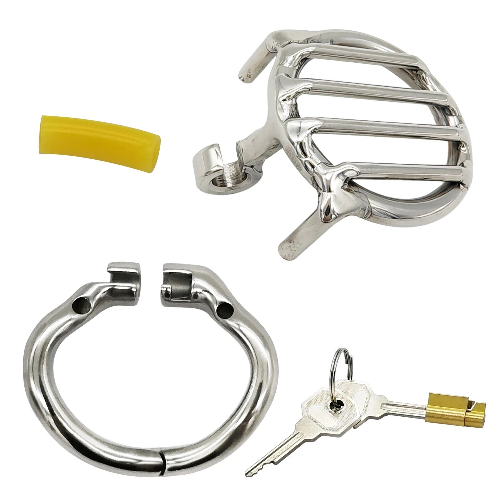 Close view of polished stainless steel chastity device