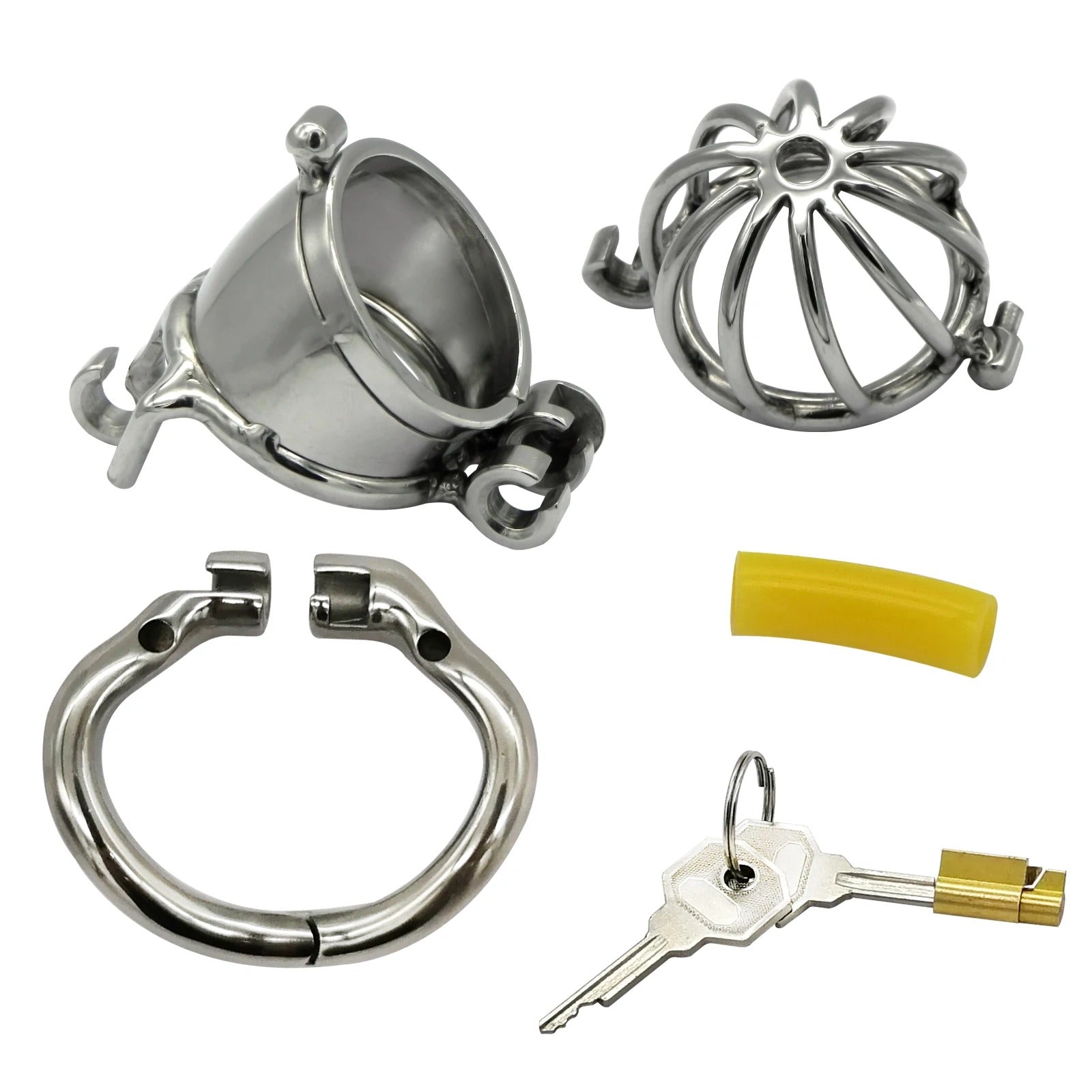 Detail shot of stainless steel chastity device parts