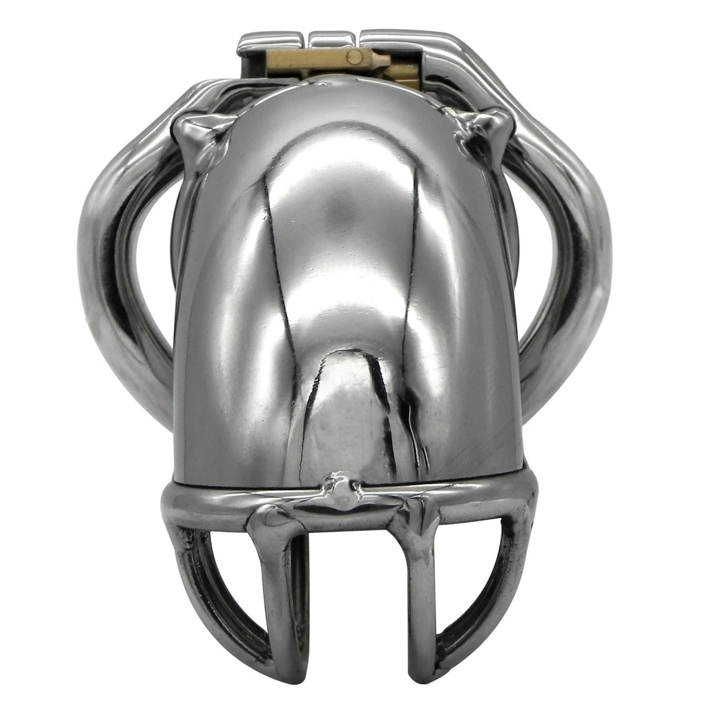 Closeup of lock on stainless steel chastity device