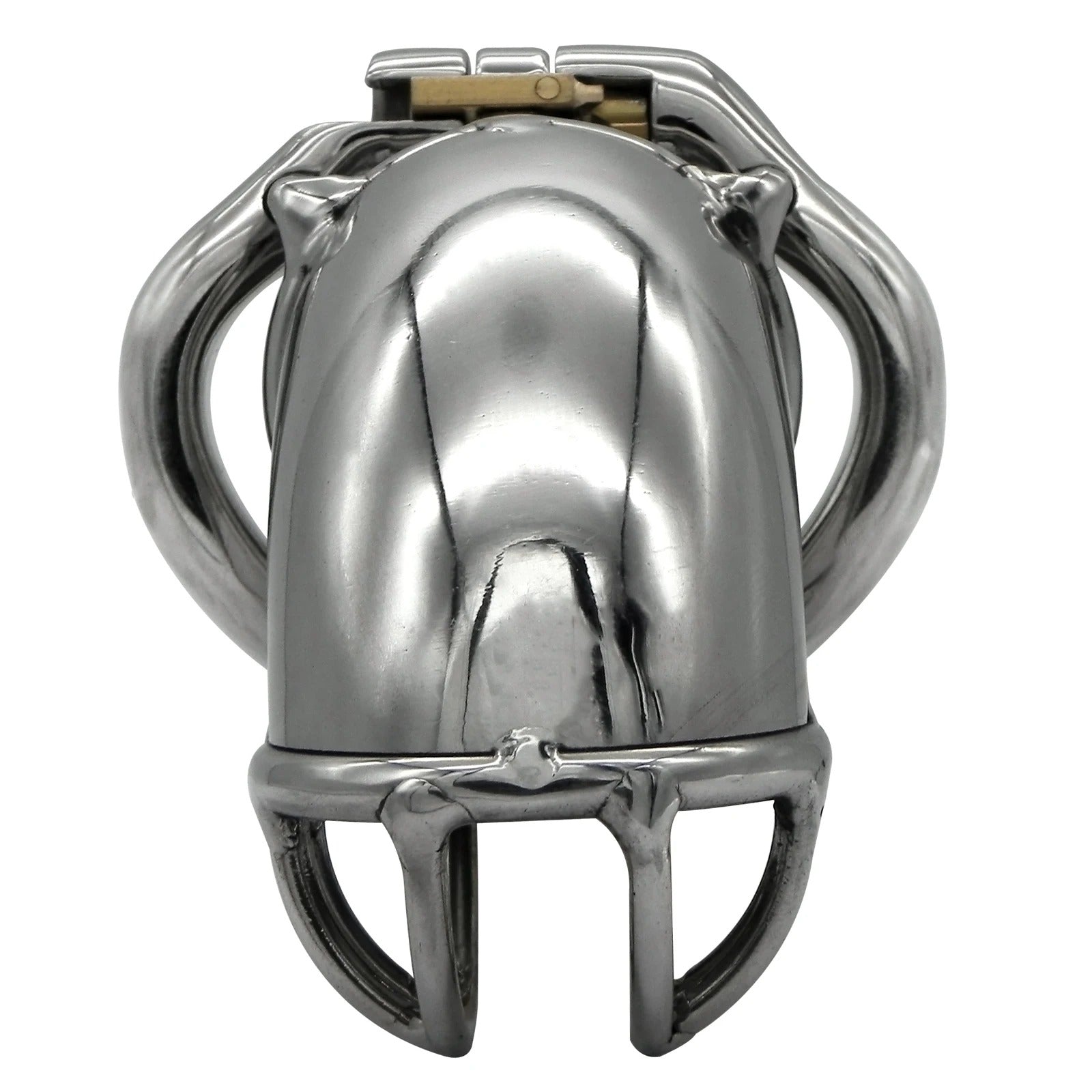 Closeup of lock on stainless steel chastity device