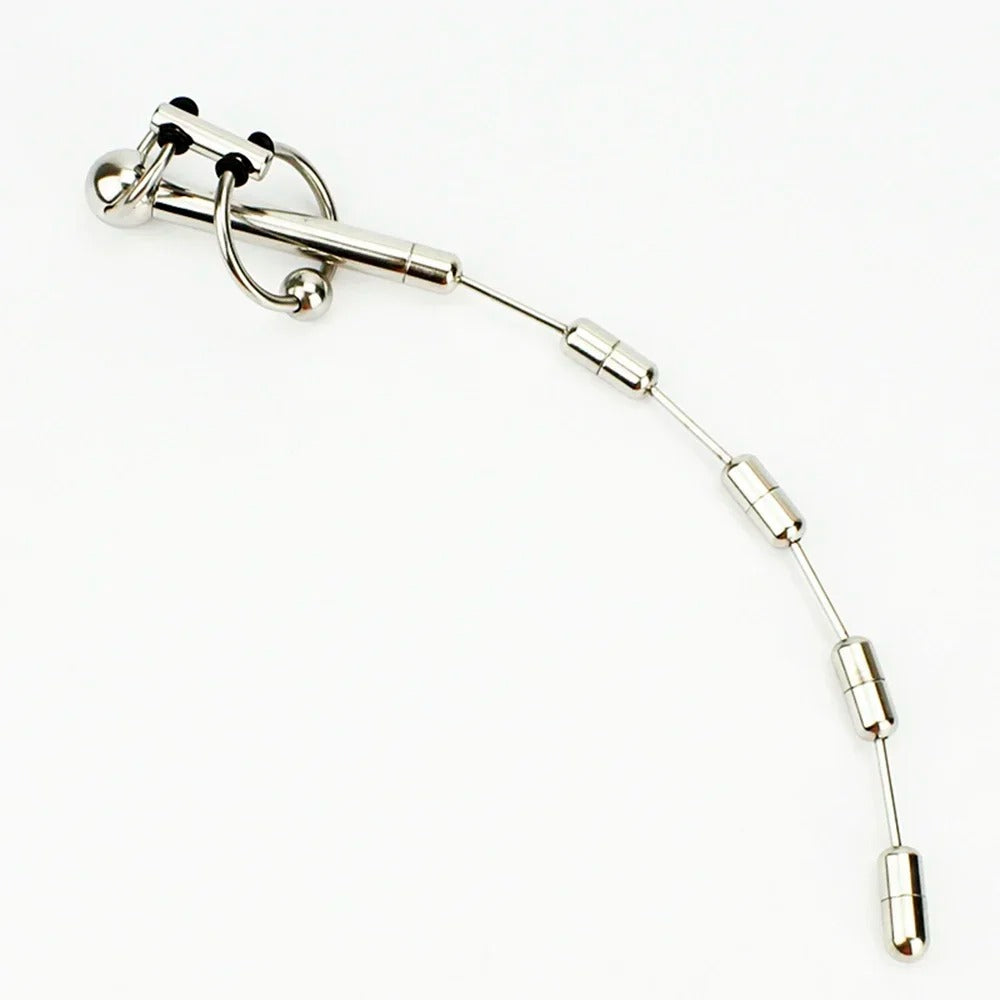 Stainless steel urethral sound for men, 230mm length, polished chastity accessory on white background