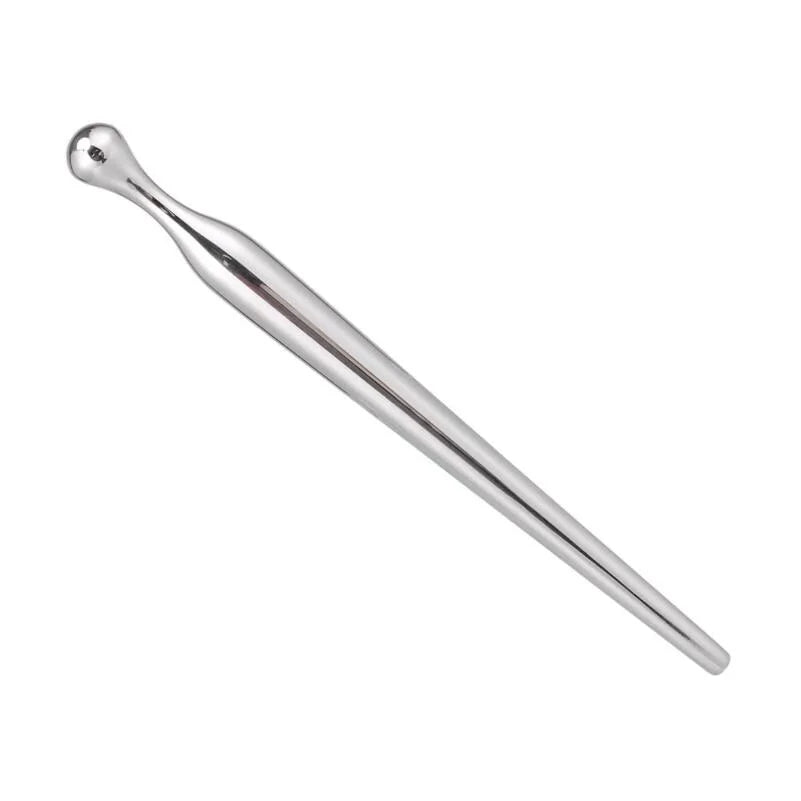 Stainless steel urethral sounding rod for men, smooth dilator plug, full product view on dark background