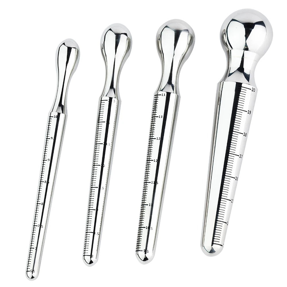 Stainless steel XL urethral plug set for men, 4 sizes shown together with measurement markings