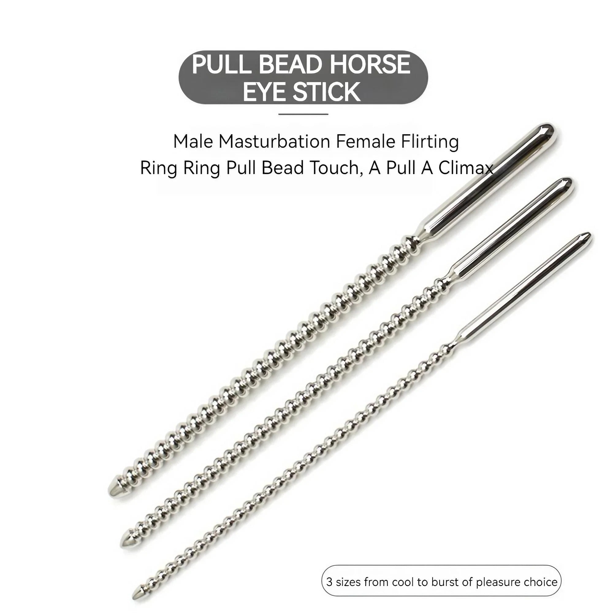 Medium size polished stainless steel urethral stimulation dilator with beads, smooth reflective finish