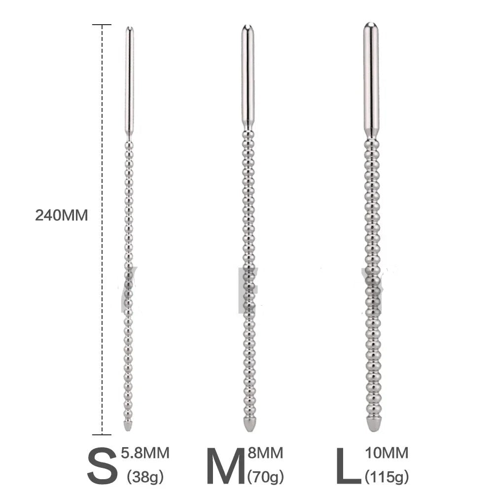 Side profile view of stainless steel urethral bead dilator highlighting the beaded texture along the shaft