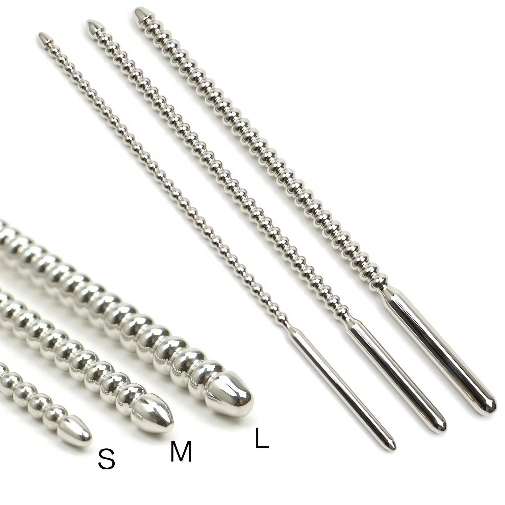 Small size polished stainless steel urethral bead dilator for men, single-item product photo