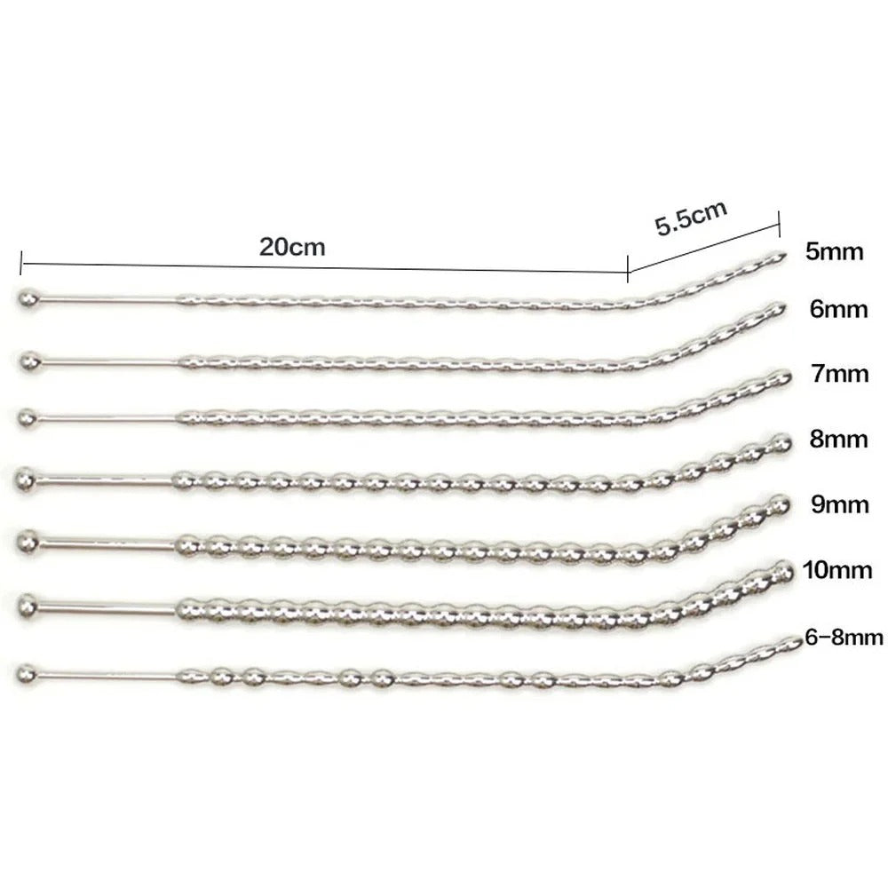 Long urethral bead sounds showing progression from slimmer to thicker diameters for gradual sizing