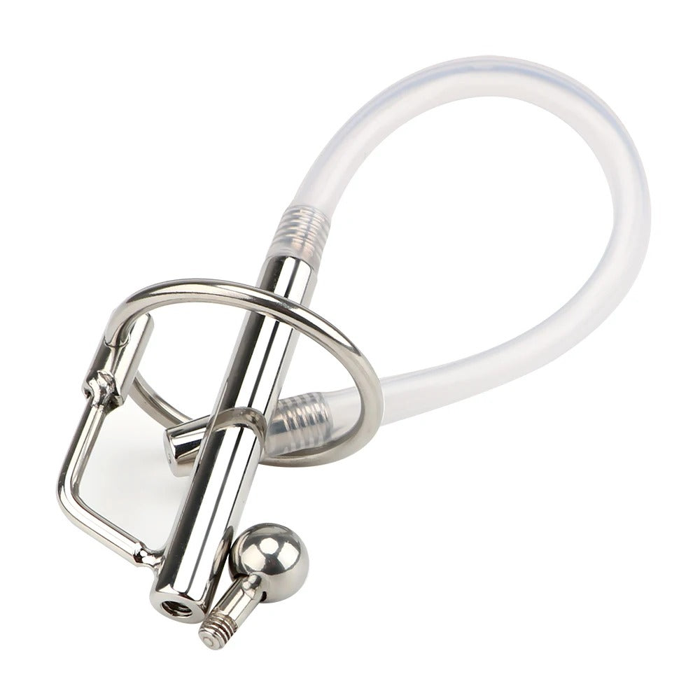 Angled studio photo of stainless steel urethral catheter sound with flexible tube and ring, polished metal finish visible