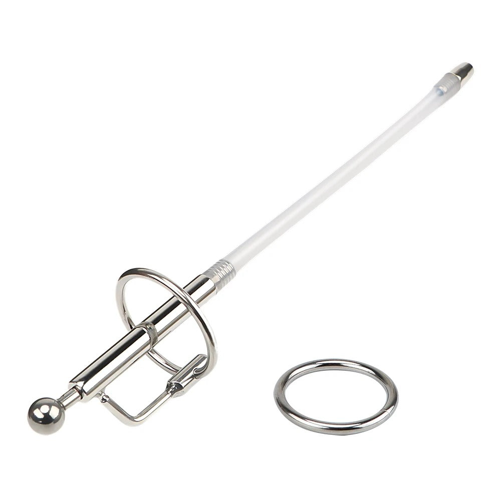 Stainless steel penis urethral catheter sound for men with flexible tube and ring set, complete kit shown on clean background