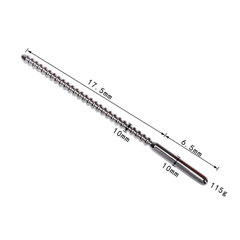 Flat lay of three stainless steel urethral bead dilators in different sizes for progressive sizing