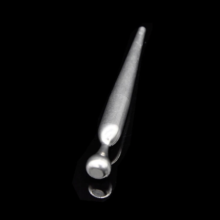 Side profile of a smooth stainless steel urethral dilator rod showing tapered shaft shape