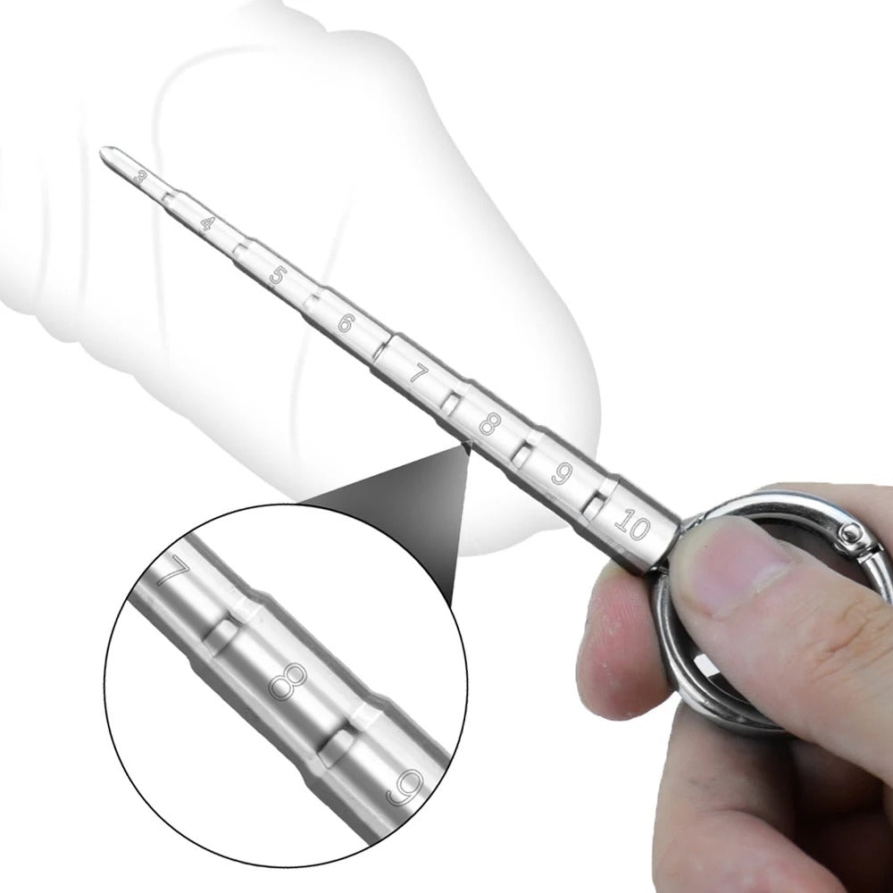 Side profile of stainless steel urethral plug dilator highlighting the straight shaft and printed measurement scale