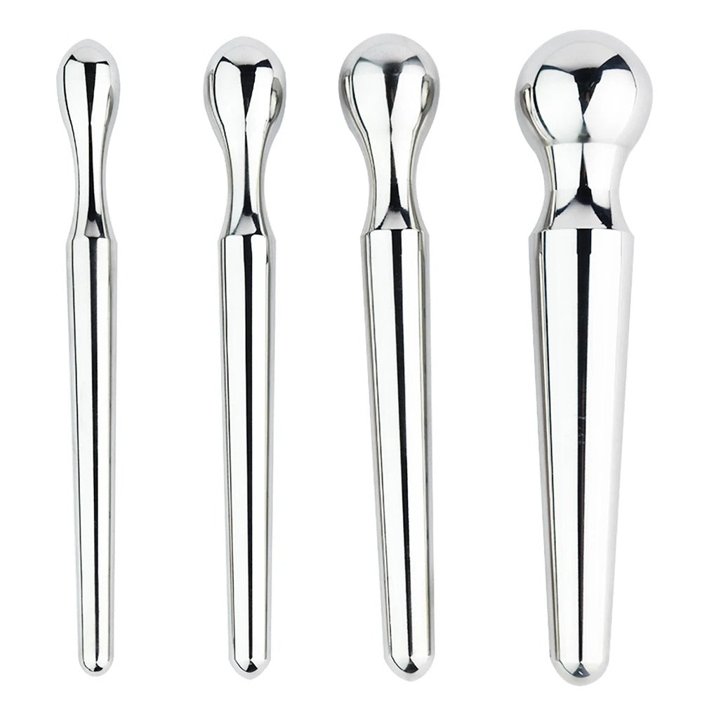 Large size stainless steel urethral plug with tapered tip, men’s massage accessory close-up