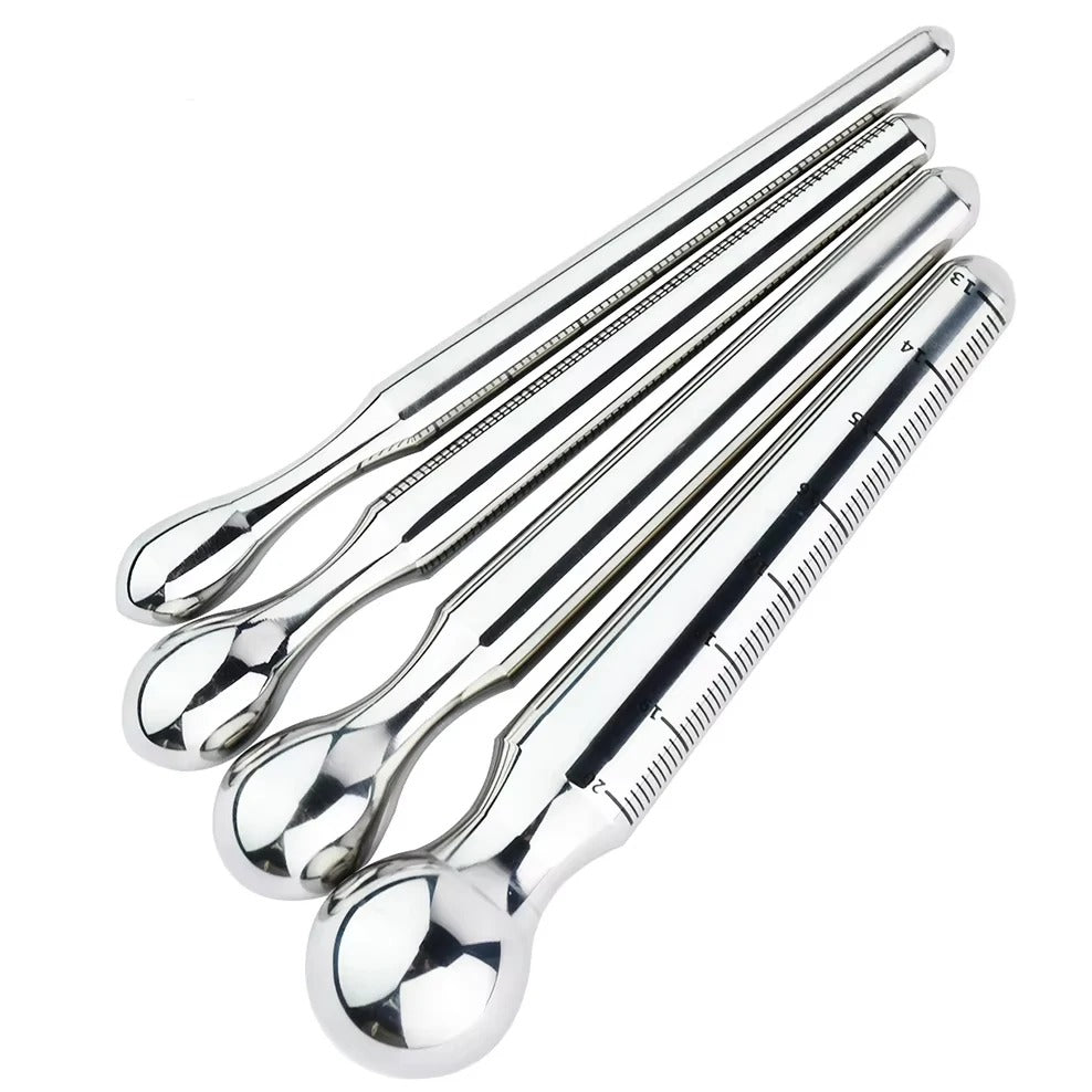 Medium size stainless steel urethral plug for men, smooth polished finish and measurement scale