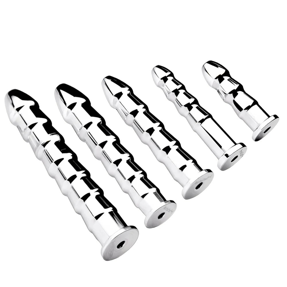 Side profile of ribbed stainless steel hollow urethral plug, highlighting the tapered shape and rib spacing