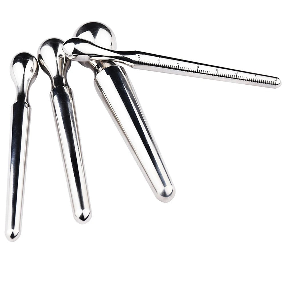 XL largest stainless steel urethral plug from the 4-size set, bulb head and scale markings close-up