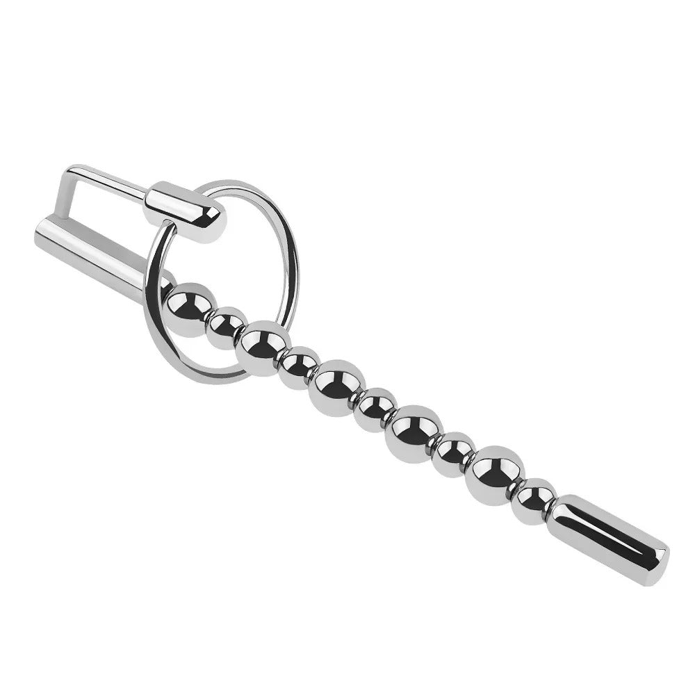 Stainless steel urethral sound with beads and cock ring, men’s chastity device, full product view on white background