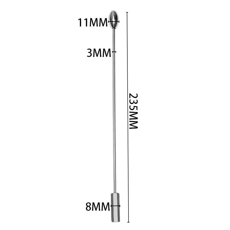 Angled view of stainless steel urethral sound penis plug designed for internal sensation play and stimulation