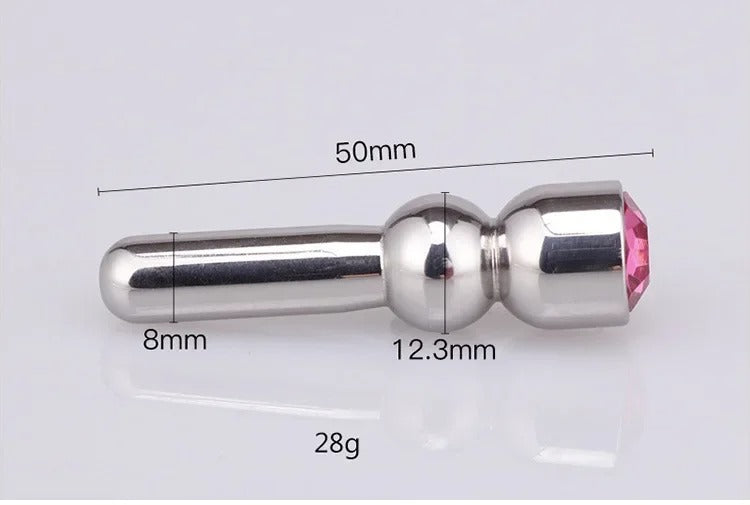 Detail of the stepped shaft design on stainless steel urethral dilator for varied internal sensation