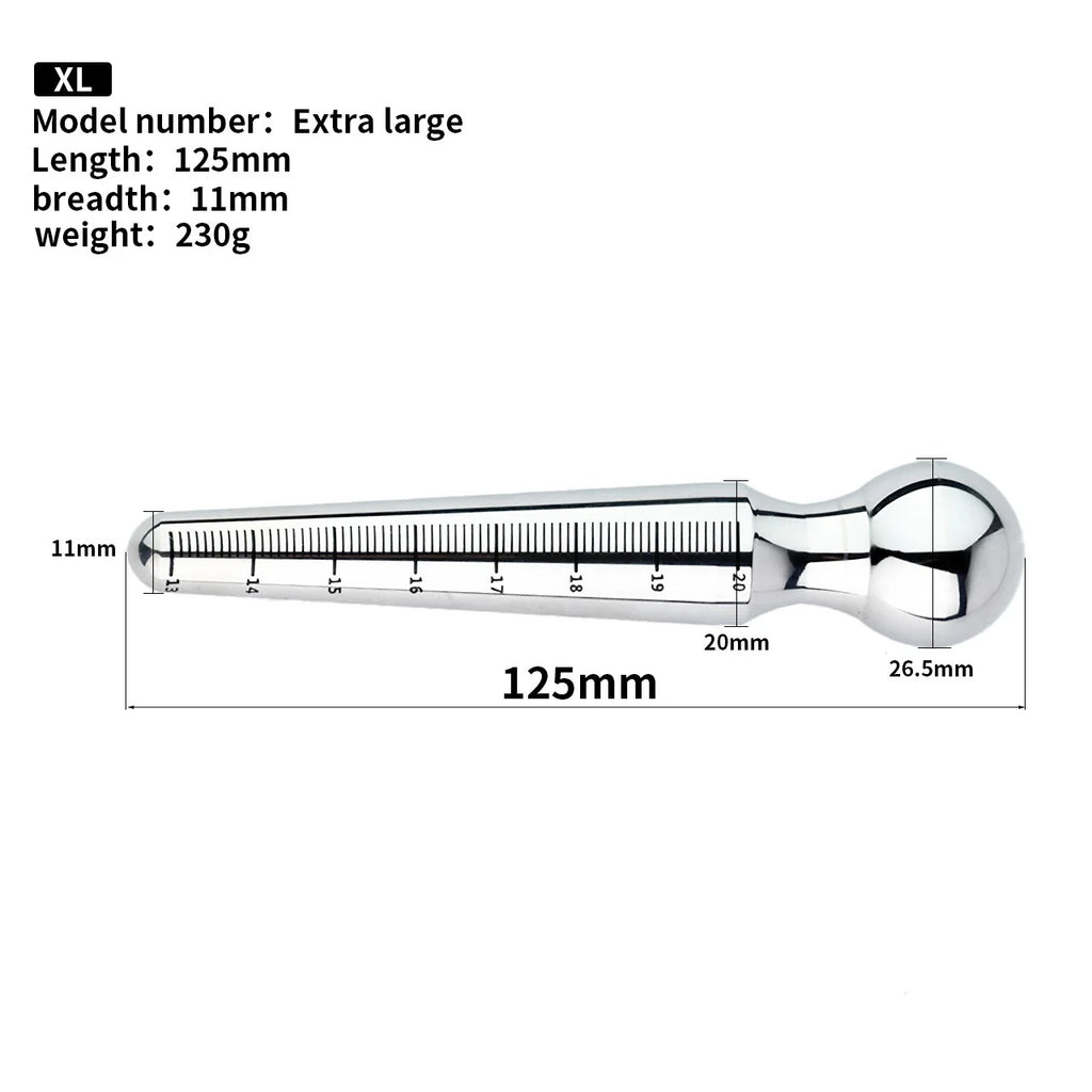 Angled studio shot of stainless steel XL urethral plugs in 4 sizes, reflective finish on white background