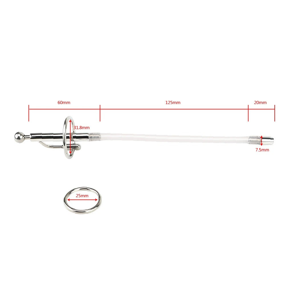 Close-up of the stainless steel metal head on urethral catheter sound, smooth rounded finish for controlled insertion