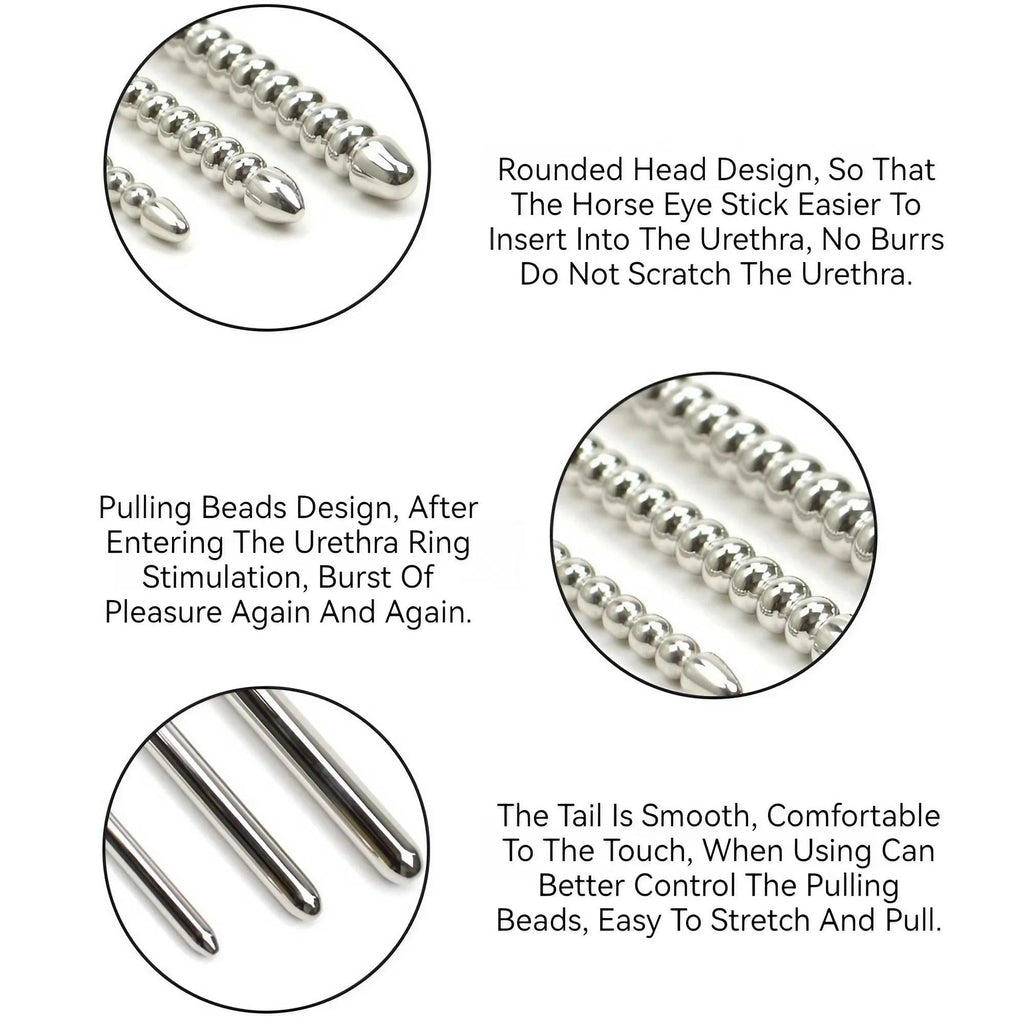 Close-up of the beaded shaft on a stainless steel urethral dilator showing bead spacing and polish