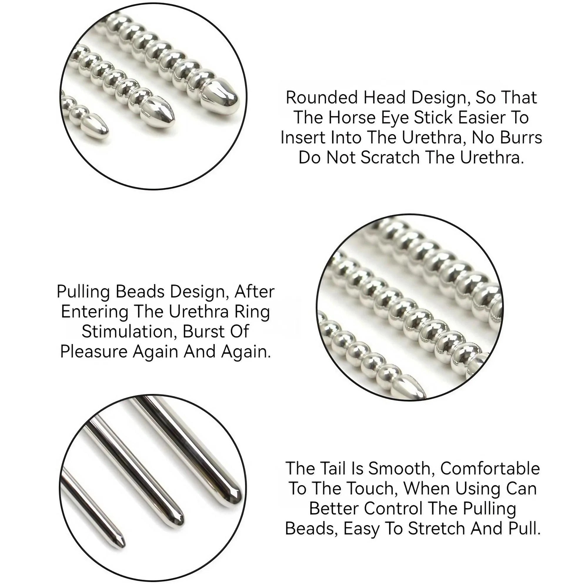 Close-up of the beaded shaft on a stainless steel urethral dilator showing bead spacing and polish