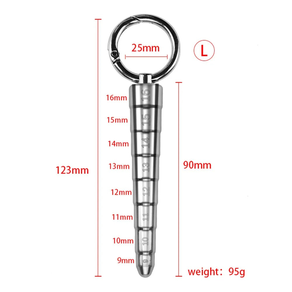 Stainless steel urethral plug dilator photographed to emphasize overall length and integrated measurement scale markings