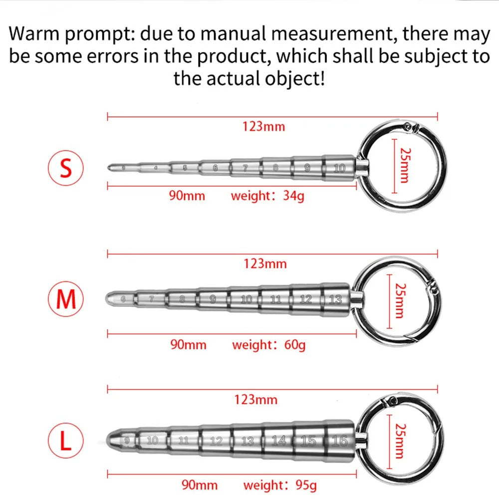 Close-up of the integrated measurement scale markings on a stainless steel urethral dilator plug