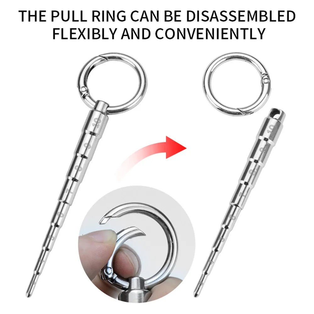 Handle/end section detail of stainless steel urethral plug dilator with measurement scale for easier grip