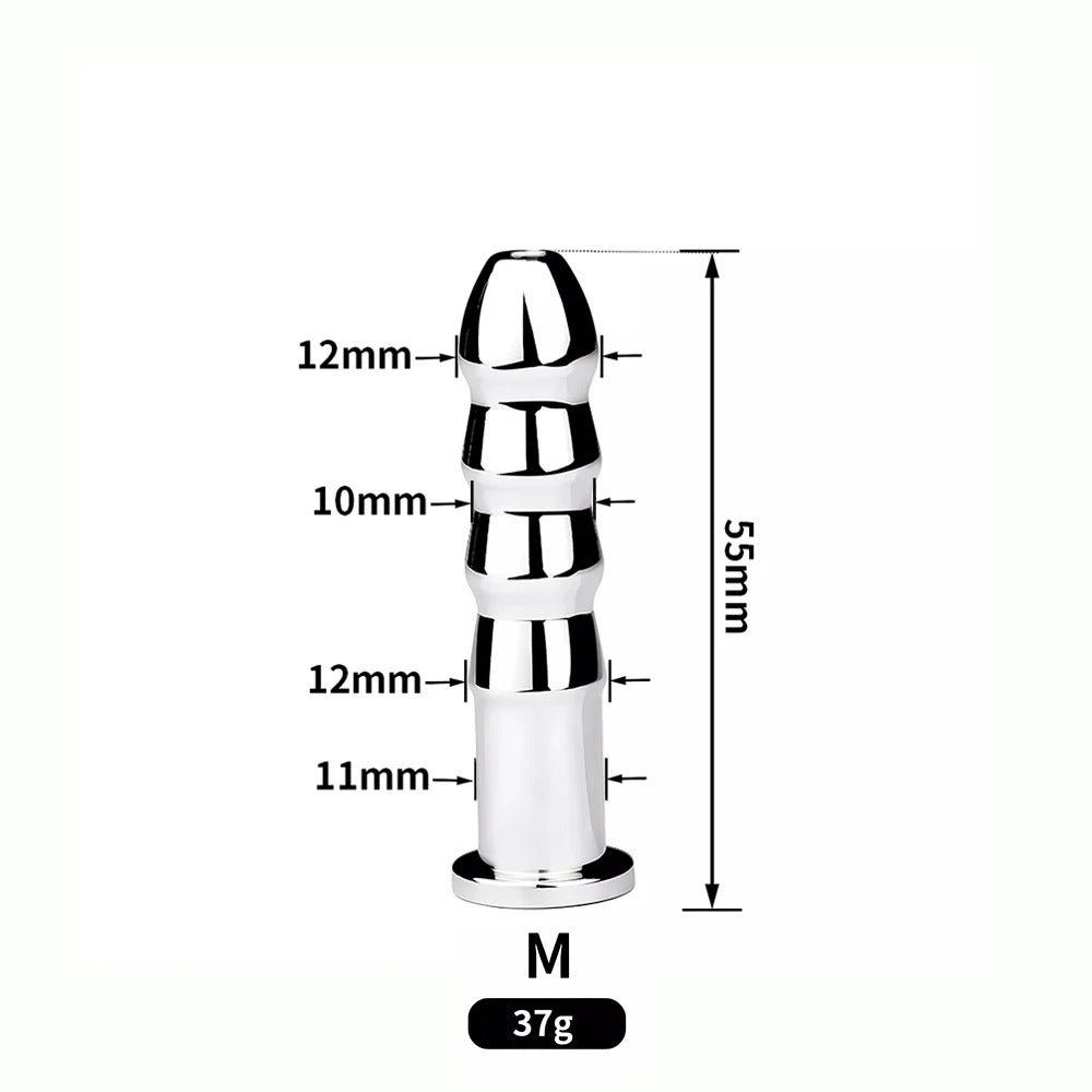  Product photo emphasizing overall length of the ribbed stainless steel hollow urethral plug