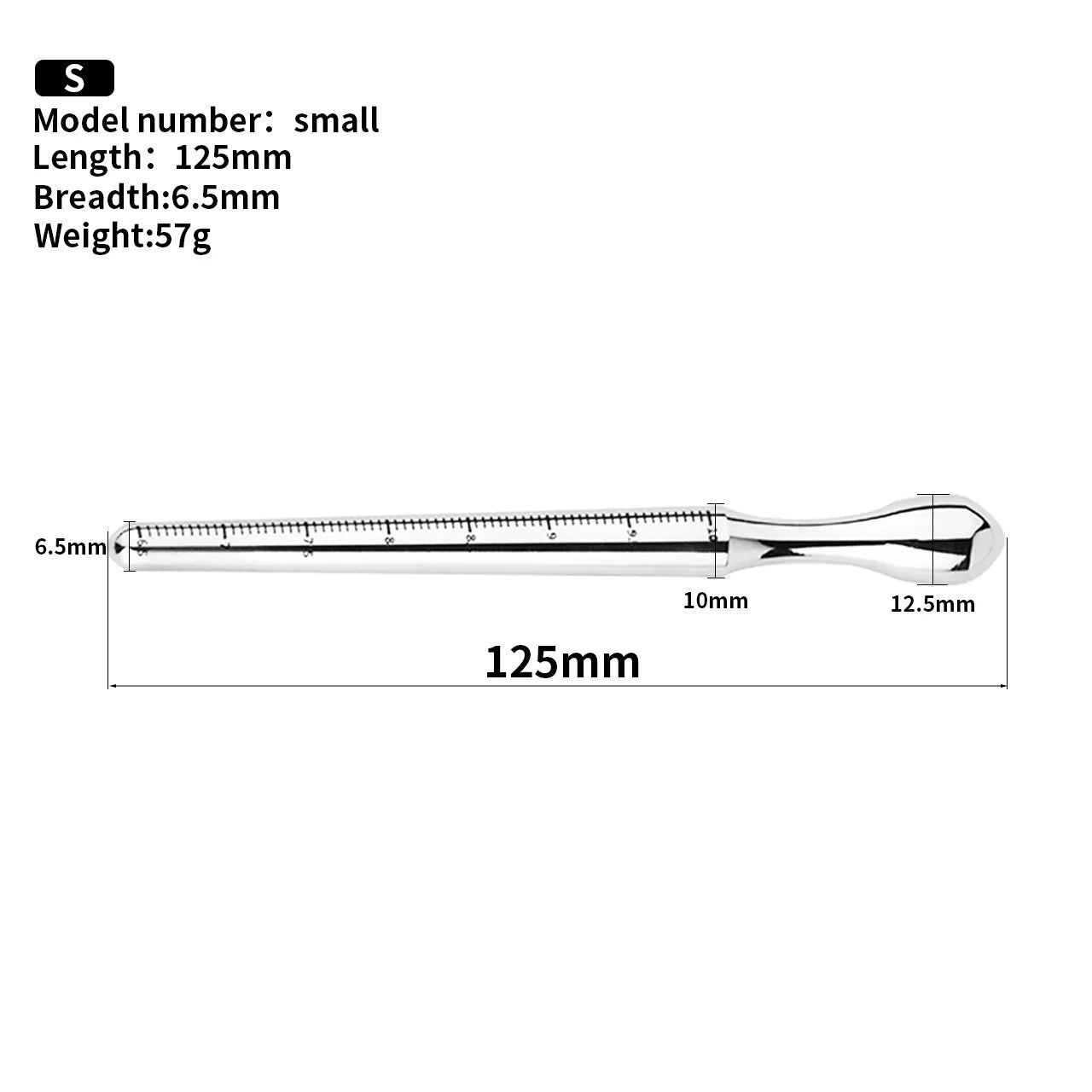 Close-up of the graduated scale markings on stainless steel urethral plug for size tracking and positioning