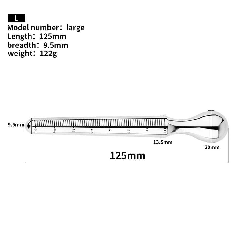 Rounded tapered tip detail on stainless steel urethral sounding plug designed for smoother insertion