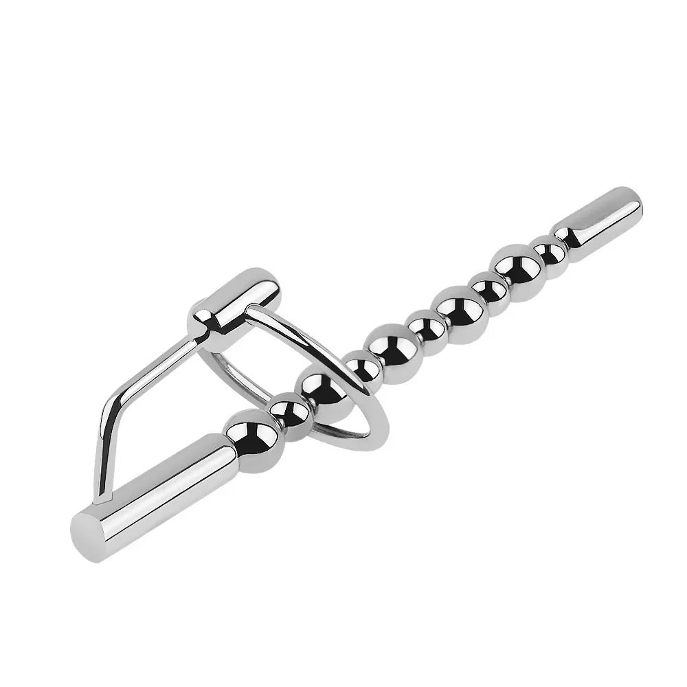 Smooth tip/end detail of stainless steel urethral sound with beads for controlled insertion and removal