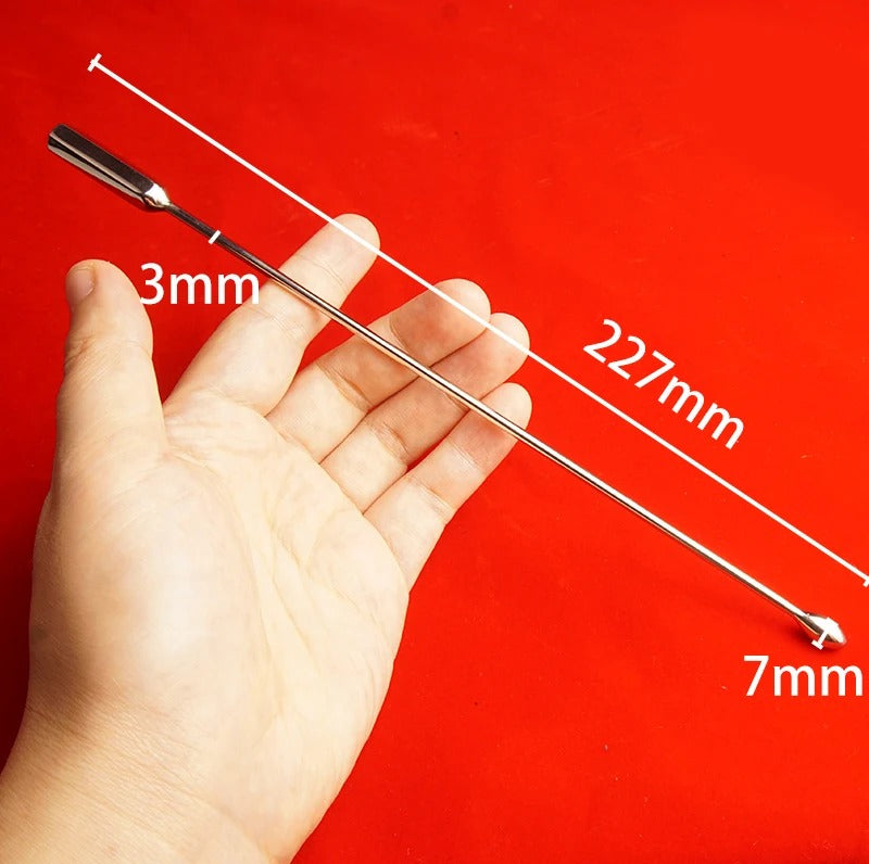 Top-down view of bullet-tip stainless steel urethral sound penis plug showing rounded head geometry