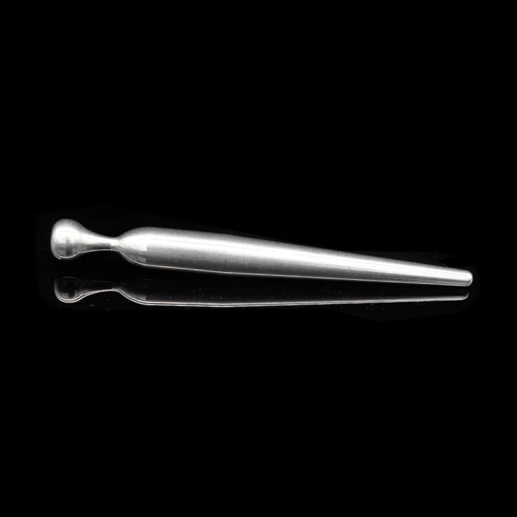 Angled studio photo of smooth stainless steel urethral sounding rod for men, sleek minimalist design