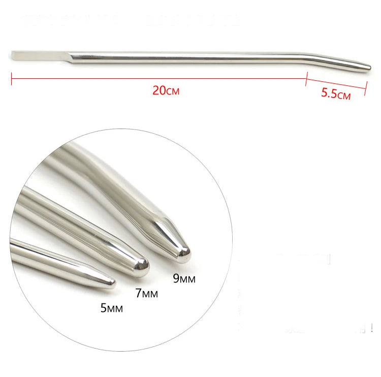 Side profile of a curved arc stainless steel urethral sounding dilator rod highlighting the J-shaped curve