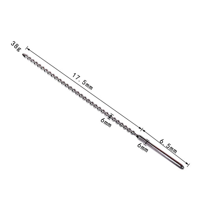 Angled studio shot of polished stainless steel urethral stimulation dilator with beads, glossy mirror finish