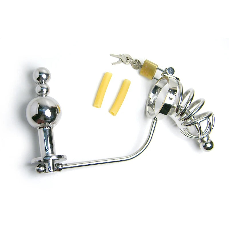 Men’s Stainless Steel Chastity Device with Anal Plug & Beads
