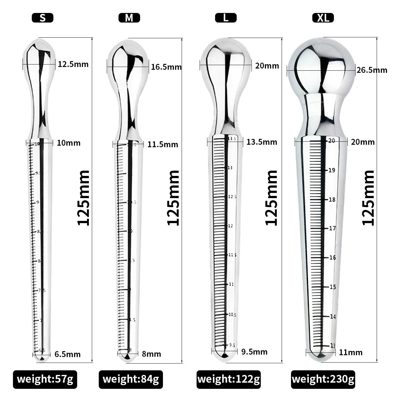 Four-size stainless steel urethral plugs, front view, smooth tapered shapes with printed scale